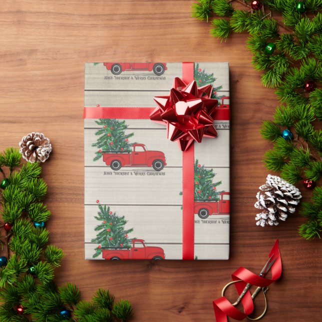 Rustikales Holz Vintag Red Truck Weihnachten Geschenkpapier (Feiertagsgeschenk)