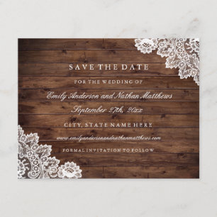 Rustikales Holz Vintage Spitzen Hochzeit retten da Save The Date