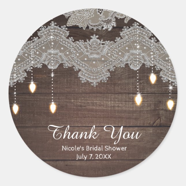 Rustikales Holz & Vintage Spitzen & Lichter Elegan Runder Aufkleber (Vorderseite)