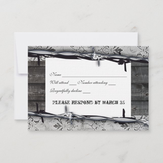 Rustikales Holz Vintage Spitzen Stacheldraht uAwg RSVP Karte (Vorderseite)