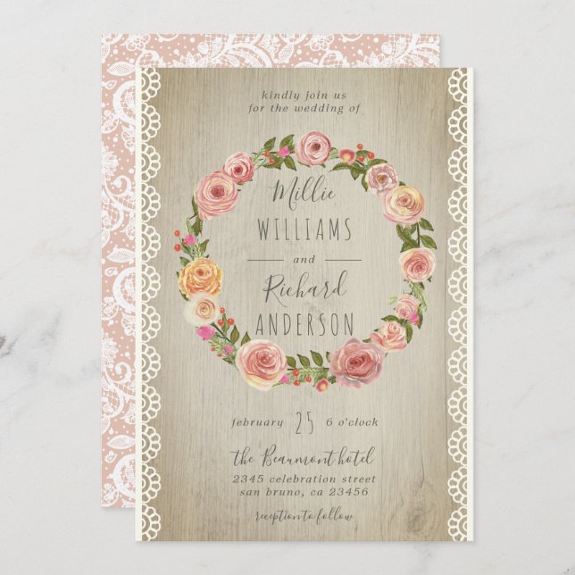 Rustikales Holz, Vintage Spitzen- und Blumenzeremo Einladung (Vorne/Hinten)