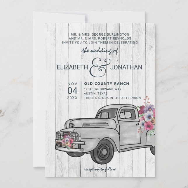 Rustikales Holz Vintager LKW Boho Hochzeitseinladu Einladung (Vorderseite)