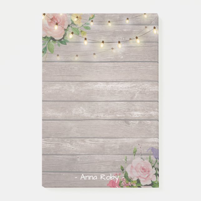 Rustikales Holz Wasserfarbene Blüte Elegante Stran Post-it Klebezettel (Vorderseite)