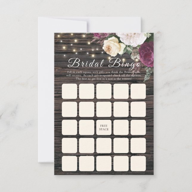 Rustikales Holz Wedding Bridal Bingo (Vorderseite)