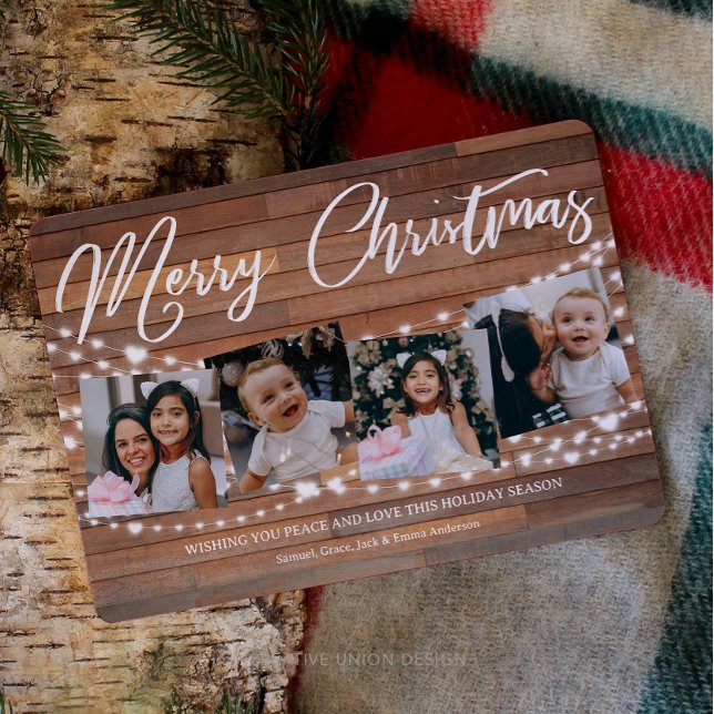 Rustikales Holz Weihnachten 5 Foto String Lights (Rustic Wood Custom Christmas Card. Easy to Personalize. 5 Photo Christmas Card.)