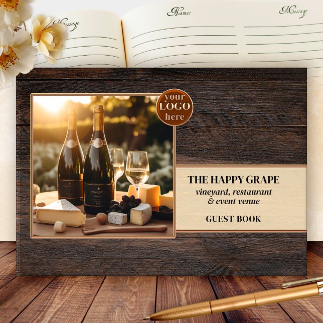 Rustikales Holz Weinberg Foto Gästebuch (Business guest book featuring your custom photo framed by a rustic wood design with logo and QR code)