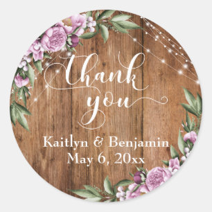 Rustikales Holz, weiße Lichter, Blume Danke Runder Aufkleber