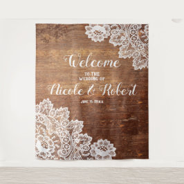 Rustikales Holz weiße Spitze Hochzeitsfoto Stand H Wandteppich