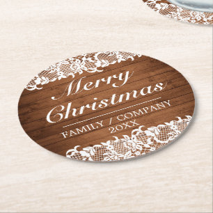 Rustikales Holz & weiße Spitzen Frohe Weihnachten Runder Pappuntersetzer