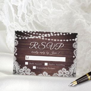 Rustikales Holz weiße Spitzen-Lichter Hochzeit RSVP Karte