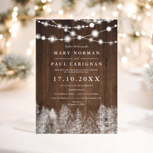 Rustikales Holz Winterschnurlampen Waldhochzeit Einladung (Rustic wood winter string lights forest wedding invitation)