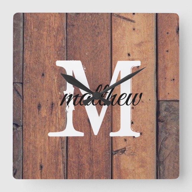 Rustikales Holzbauernhaus Brown Monogram Quadratische Wanduhr (Vorderseite)