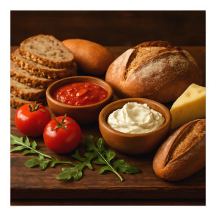 Rustikales Holzbrett mit Kunsthandwerkskäse Fotodruck