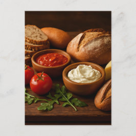 Rustikales Holzbrett mit Kunsthandwerkskäse Postkarte