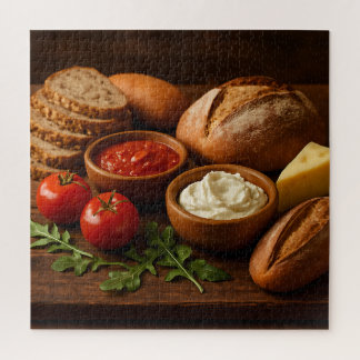 Rustikales Holzbrett mit Kunsthandwerkskäse Puzzle