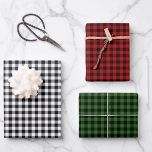 Rustikales Holzfäller-Karo Rot Grün Schwarz Weiß Geschenkpapier Set