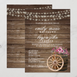 Rustikales Holzfass-Hochzeit mit rosa, floraler Fa Einladung