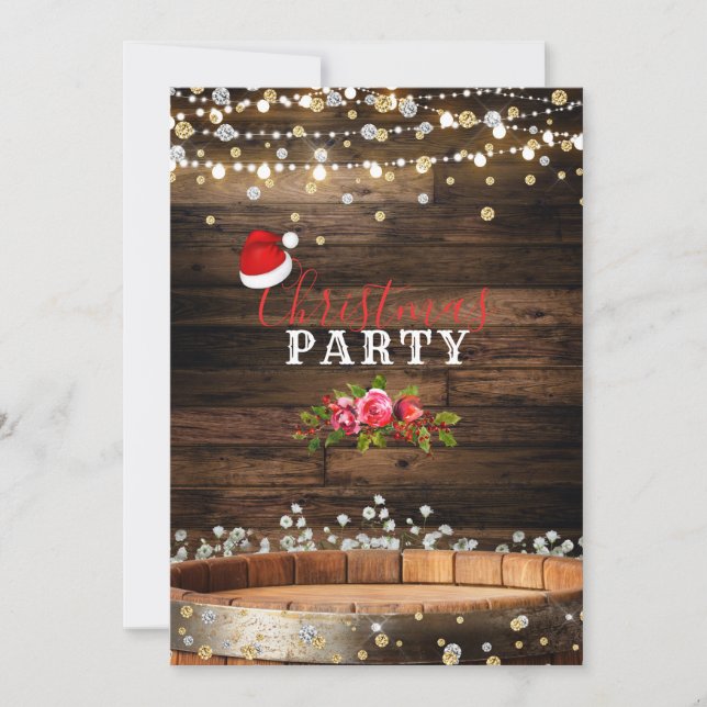 Rustikales Holzfass & Lights Baby' Atem Weihnachte Einladung (Vorderseite)