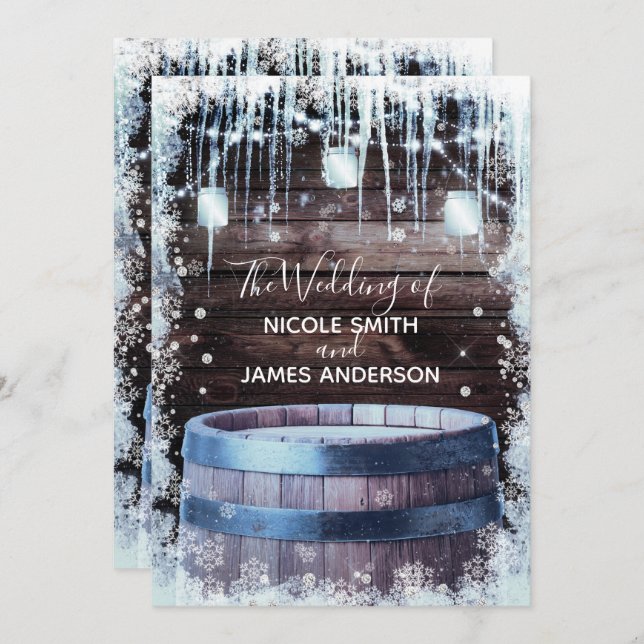 Rustikales Holzfass & Lights Winterstall Hochzeit Einladung (Vorne/Hinten)