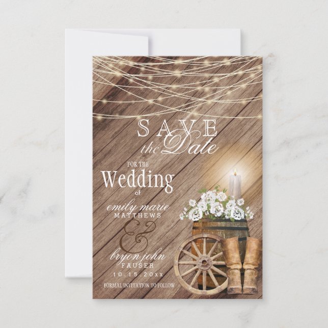 Rustikales Holzfass und Streichelampen Save The Date (Vorderseite)