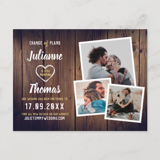 Rustikales Holzfoto-Collage Eleganter Wechsel der  Ankündigungspostkarte (Vorderseite)