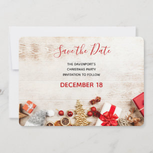Rustikales Holzfoto mit Weihnachtsartikeln Save The Date