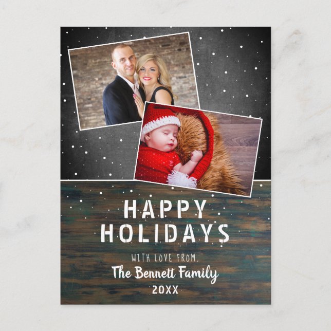 Rustikales Holzkhalkboard Schnee 2 Foto Weihnachte Postkarte (Vorderseite)