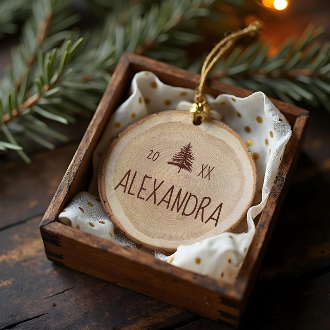 Rustikales Holzkörnchen - Slice - Personalisierter Keramik Ornament (Rustic Woodgrain Slice Personalized Name & Photo Ceramic Ornament)
