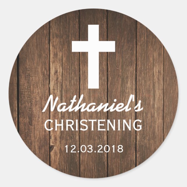 Rustikales Holzkreuz Christening Sticker (Vorderseite)