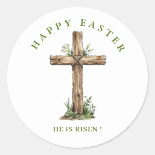 Rustikales Holzkreuz Er ist auferstanden Etikett / Runder Aufkleber