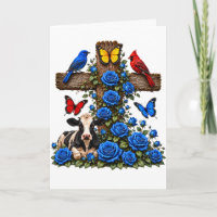 Rustikales Holzkreuz mit blauen Rosen, Kuh und Vög