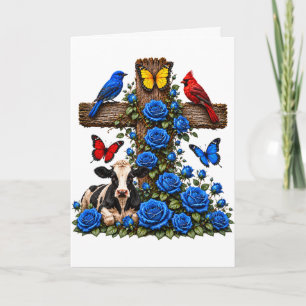 Rustikales Holzkreuz mit blauen Rosen, Kuh und Vög Karte