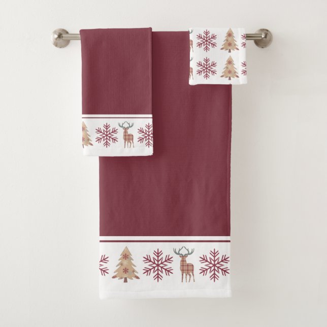 Rustikales Holzmuster Maroon Tan Weihnachten Badhandtuch Set (Insitu)