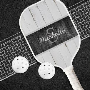Rustikales Holzpaddel, weißes Schwarzes Monogramm Pickleball Schläger