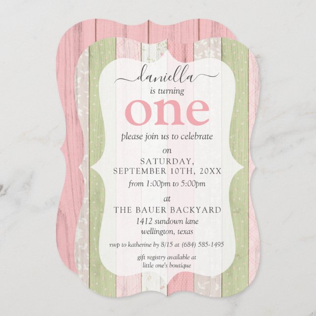 Rustikales Holzrosa und grünes Zeitalter Geburtsta Einladung (Vorne/Hinten)