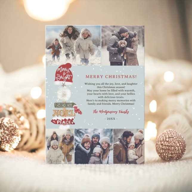 Rustikales Holzschild Drehbuch Weihnachten 5 Fotos (Rustic wooden sign script Christmas 5 photos Holiday Card on icy blue)