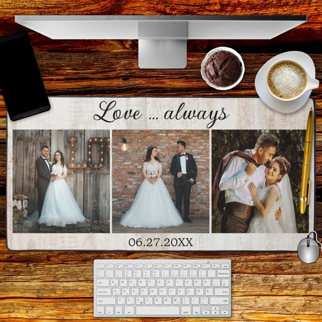 Rustikales Holzschnitzel Schreibtischunterlage (An elegant desk mat featuring a light rustic wood background and your own favorite wedding photos)