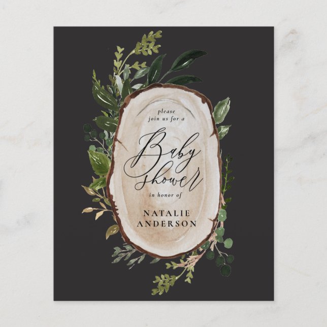 Rustikales Holzstück Slice Baby Dusche Budget Einl Flyer (Vorne)