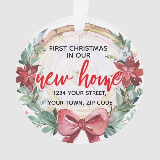 Rustikales Holzstück Slice & Poinsettia Wreath Neu Ornament (Vorderseite)