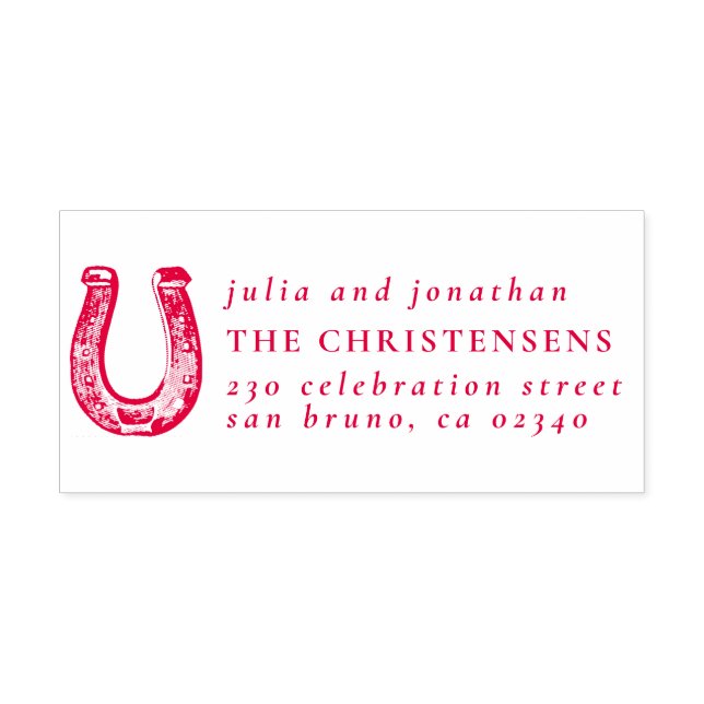Rustikales Horseshoe - Hochzeitsnamen und Rücksend Permastempel (Design)