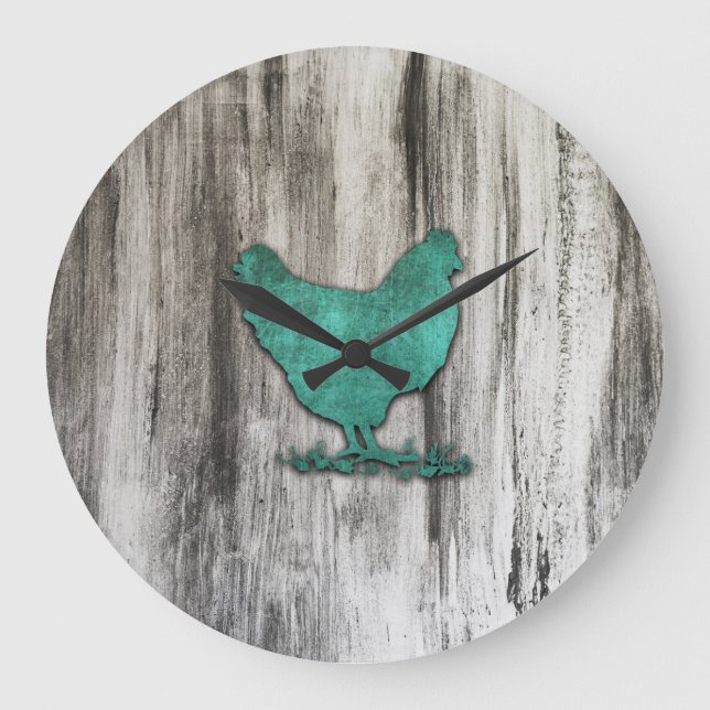 Rustikales Huhn (blau) Große Wanduhr (Vorderseite)