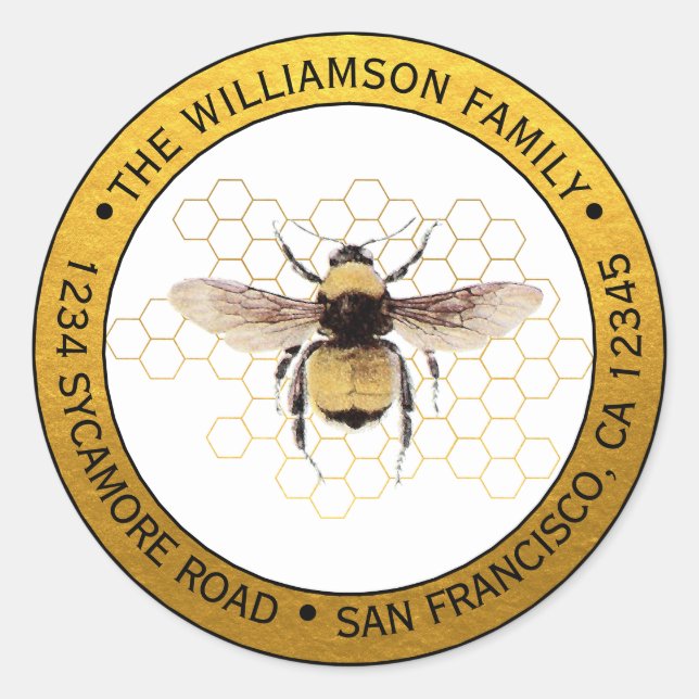 Rustikales Hummeln Runde Rücksendeadresse Gold Runder Aufkleber (Vorderseite)