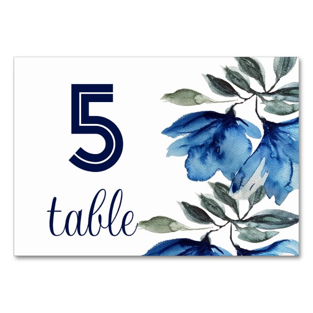 Rustikales Indigo Blue Floral Watercolor Modern Tischnummer (Vorderseite)