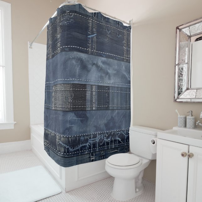 Rustikales Indigo-Denim-Patchworkmuster Duschvorhang (Beispiel)