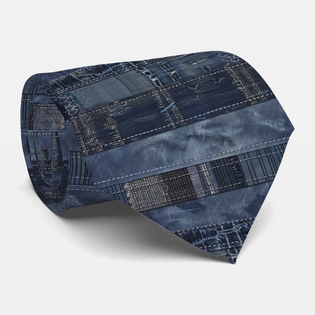 Rustikales Indigo-Denim-Patchworkmuster Krawatte (Gerollt)