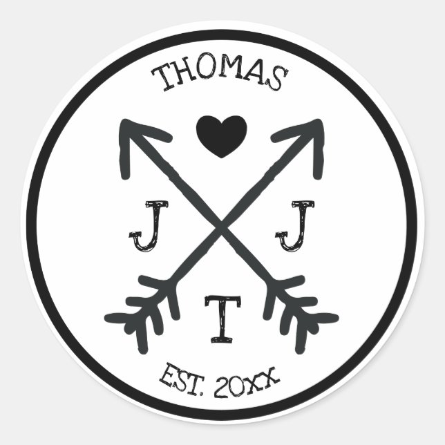 Rustikales Initial Heart Arrow Monogramm Runder Aufkleber (Vorderseite)