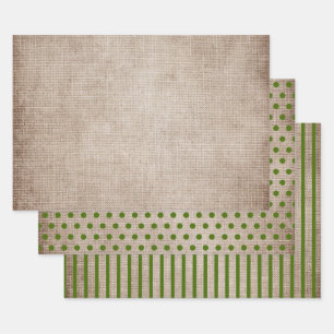 Rustikales Jute Grün Polka Punkte Streifen Einfarb Geschenkpapier Set