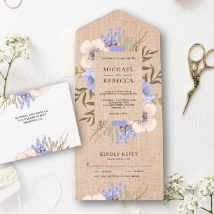 Rustikales Jute-Lavendel-Blumenstrauß-Hochzeit All In One Einladung