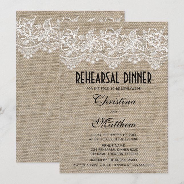 Rustikales Jute- und Lace-Probe-Dinner Einladung (Vorne/Hinten)