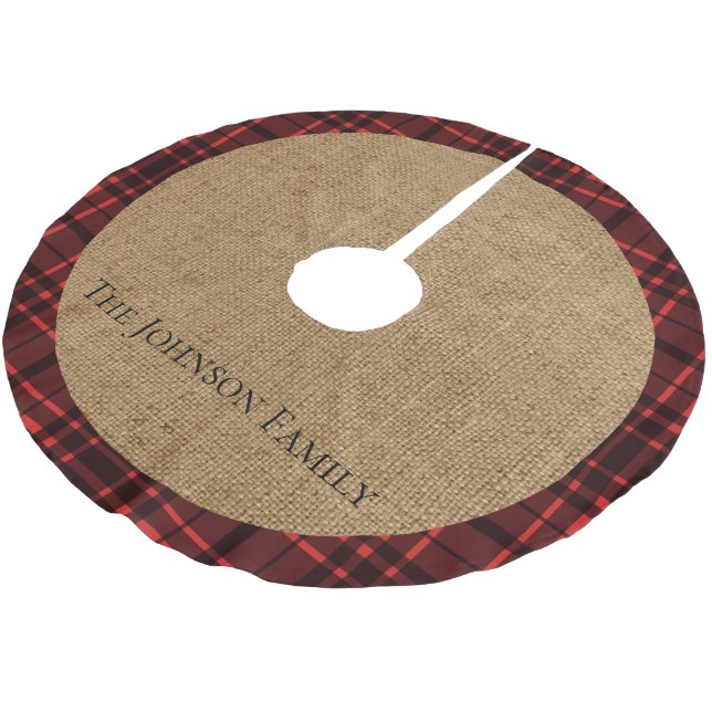 Rustikales Jute und rotes Karomuster Polyester Weihnachtsbaumdecke (Schrägansicht)